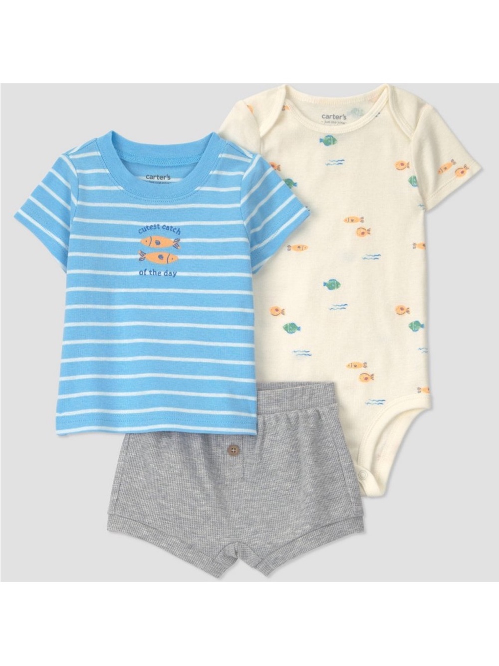 Carter's 3-Piece Blue Stripe Tee, Cream Fish Onesie & Gray Shorts Set